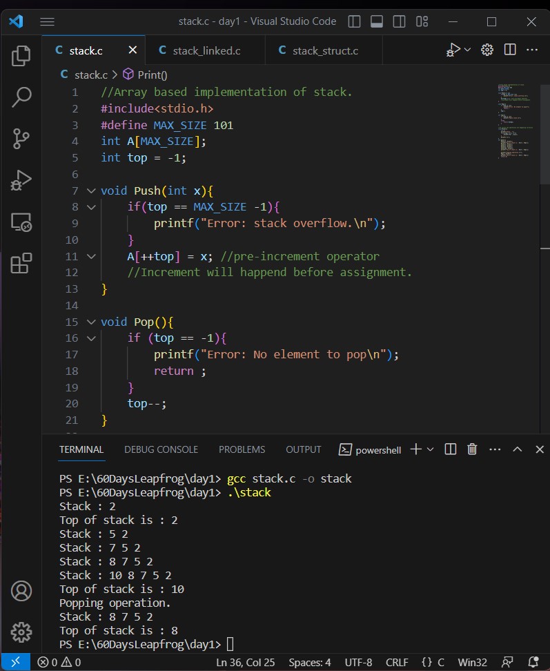 ge7i_spiron's tweet image. Implementing stack in three different ways. That&apos;s the story of day 5. #LearningWithLeapfrog #LeapfrogStudentPartnershipProgram.  #60DaysOfLearningWithLeapfrog
@lftechnology