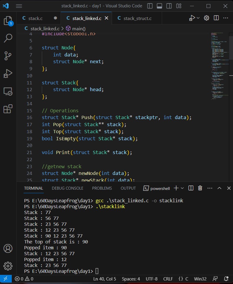 ge7i_spiron's tweet image. Implementing stack in three different ways. That&apos;s the story of day 5. #LearningWithLeapfrog #LeapfrogStudentPartnershipProgram.  #60DaysOfLearningWithLeapfrog
@lftechnology
