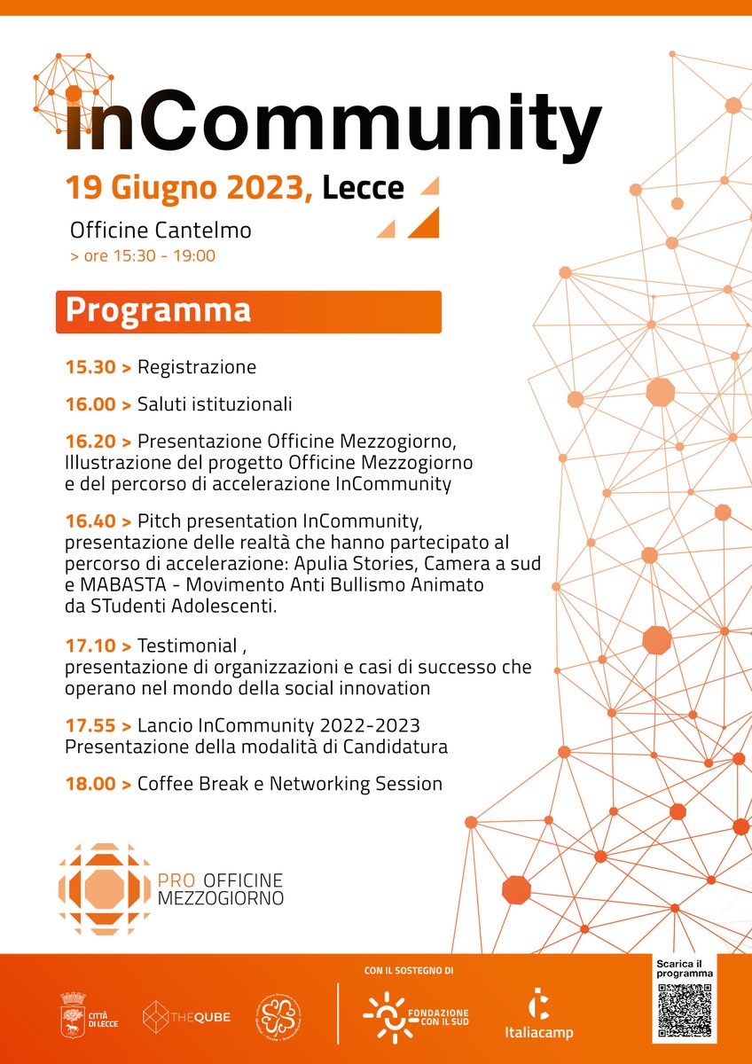 The Qube (@the_qube) on Twitter photo 🏁 Arriva il secondo Demo Day del progetto In-Community!
Ci vediamo
📆 Lunedì 19 Giugno, h 15.30
📍 <a href="/LeCantelmo/">Officine Cantelmo</a>
per la presentazione dei risultati di progetto del percorso di accelerazione In-Community.
Vi aspettiamo numerosi
➡ tinyurl.com/2kk8hpr6 🏁 Arriva il secondo Demo Day del progetto In-Community!
Ci vediamo
📆 Lunedì 19 Giugno, h 15.30
📍 <a href="/LeCantelmo/">Officine Cantelmo</a>
per la presentazione dei risultati di progetto del percorso di accelerazione In-Community.
Vi aspettiamo numerosi
➡ tinyurl.com/2kk8hpr6