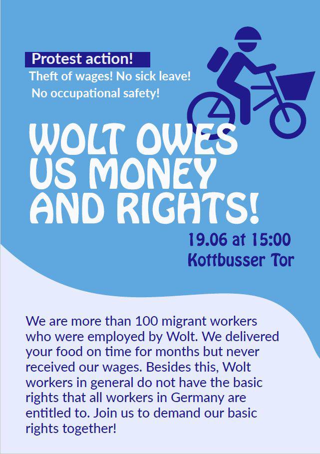 🗓️ MONDAY JUNE 19th 
📌 KOTTBUSSER TOR
⏰ 15:00 

🔥 Join the independently organized riders from @woltapp in helping claim their stolen wages & demand direct contracts!

#b1906 #GigEconomy #Exploitation