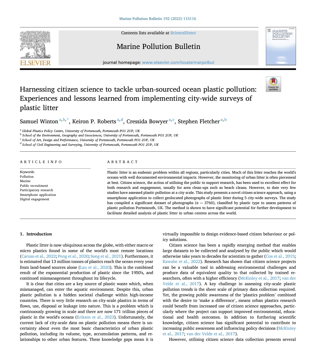 Samwinton99's tweet photo. Over the weekend my first, first author paper was published. Cheers to my @UoPPlastics co-authors @keiron_roberts, @BowyerCressida and @DrSFletcher for helping get this over the line and @jetsam_tech for their support in carrying out the research #PlasticPollution #7IMDC https://t.co/QIp2NZ1j9D