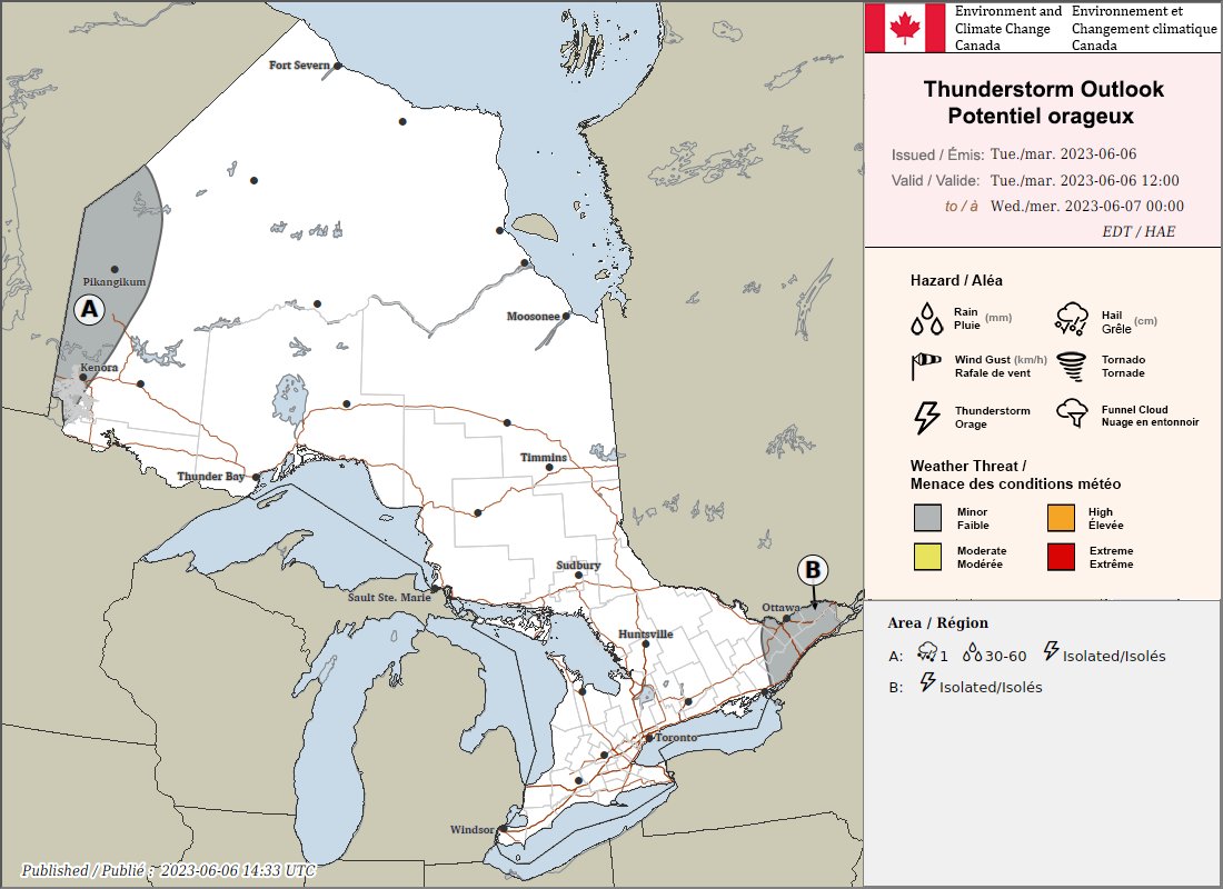 ECCC Weather Ontario on Twitter "⛈️ Thunderstorm Outlook for today ⛈️ Isolated lightning