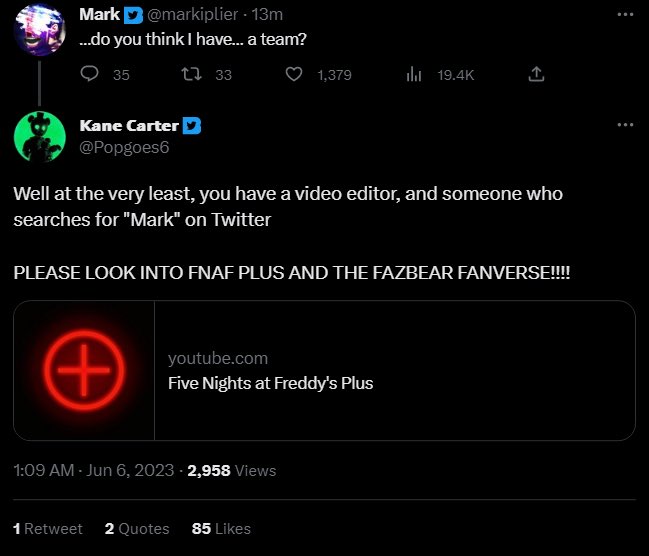 Classy move Carter, but Markiplier can only play games that are out.

Also “no hate” and “literal who game” don’t hide it man you wish he was gassing up Popgoes instead 

#FNAF