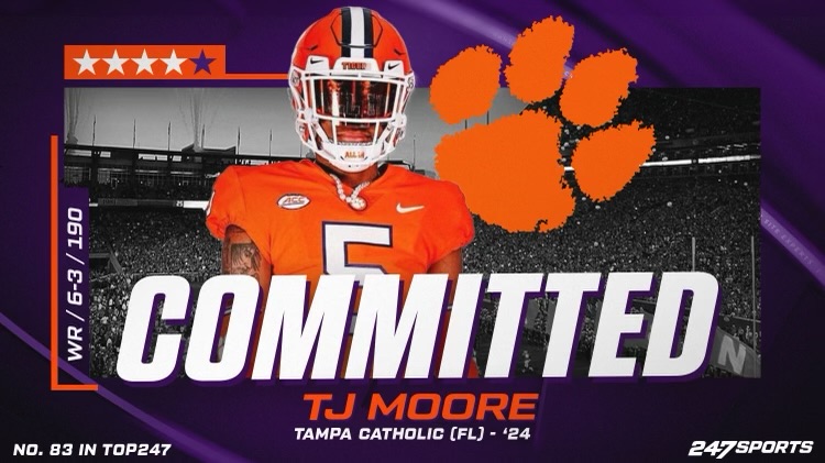 BREAKING: Tampa (Fla.) Catholic Top247 receiver TJ Moore has committed to Clemson, choosing to play for head coach Dabo Swinney and the Tigers over the likes of Florida and Tennessee among many others.

'It just felt right. ...They have put plenty of people into the league with…