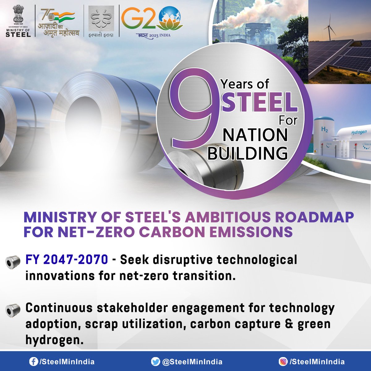 Ministry of Steel's Ambitious Roadmap of #NetZeroEmissions! 🌍💨 

Engaging stakeholders, embracing technology & optimizing resources to shape a #sustainable future for Indian #steel. 

#9YearsOfSeva #9SaalBemisaal #AtmanirbharBharat #ClimateAction