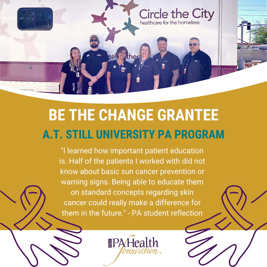 nccPAHealthFdn's tweet photo. Kudos to @ATSU_news PA program and Tessa Tibben, DHSc, MSPAS, PA-C! Her #BeTheChange project equipped #PAstudents and #PAfaculty with resources to educate those experiencing homelessness about skin cancer. Learn more: https://t.co/w1fLLmFP2Y

#CertifiedPAs #PAsDoThat #PAlife https://t.co/YFvzylzt9i