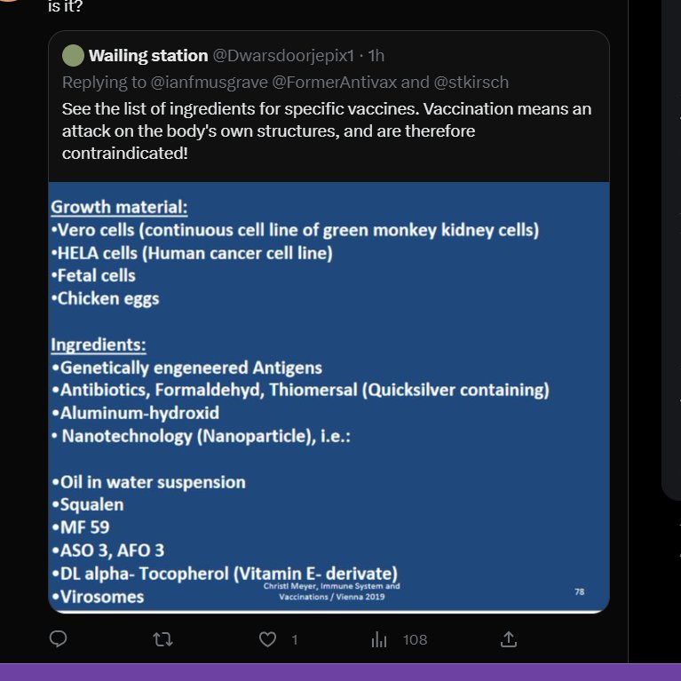 So this is a woefully inaccurate and misleading list. Get ready for a thread 🧵on vaccine excipients. Bookmark it for later if you like. First of all, vaccines are mostly water. The excipients and antigens make up a very small fraction. Antivaxxers like to leave that out.