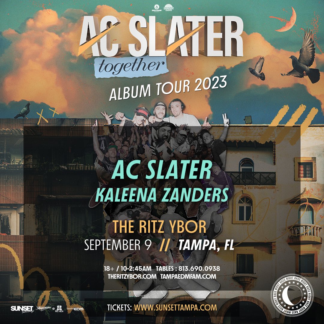 NEW SHOW ALERT! 📣 The Together Album Tour heads to #Tampa w. @djacslater + @KaleenaZanders on Saturday, Sept. 9th. 😎

Tickets go on sale tomorrow at noon ➡️ bit.ly/acslater0909