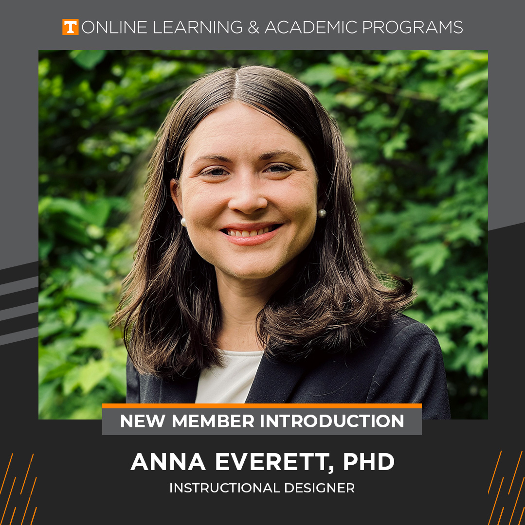 Anna is our newest Instructional Designer! She holds an M.S. in Information Sciences from <a href="/UTKnoxville/">UT Knoxville</a> and a Ph.D. in History from <a href="/VanderbiltU/">Vanderbilt University</a>. She enjoys traveling and has been to 10 different countries! tiny.utk.edu/Aeverett