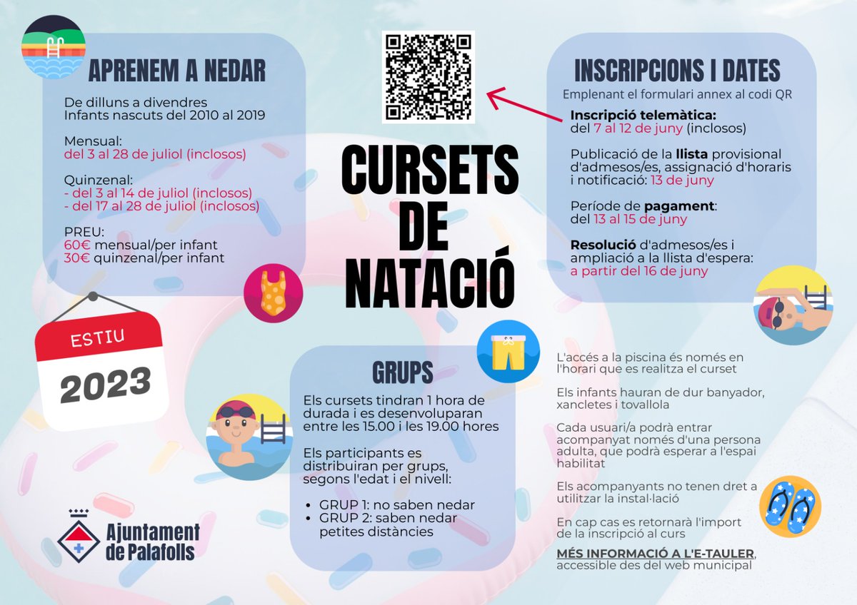 AjuntamentPLF's tweet photo. ‼️ L'Ajuntament de #Palafolls obre demà el període d'#inscripció als #cursets de #natació
👉🏻 L'Ajuntament ofereix diverses opcions perquè els #infants nascuts del 2010 al 2019 puguin #aprendre a #nedar a la piscina del municipi
➡️ Més informació a https://t.co/fPC4zxYY51 https://t.co/LGZQ0S7qMw