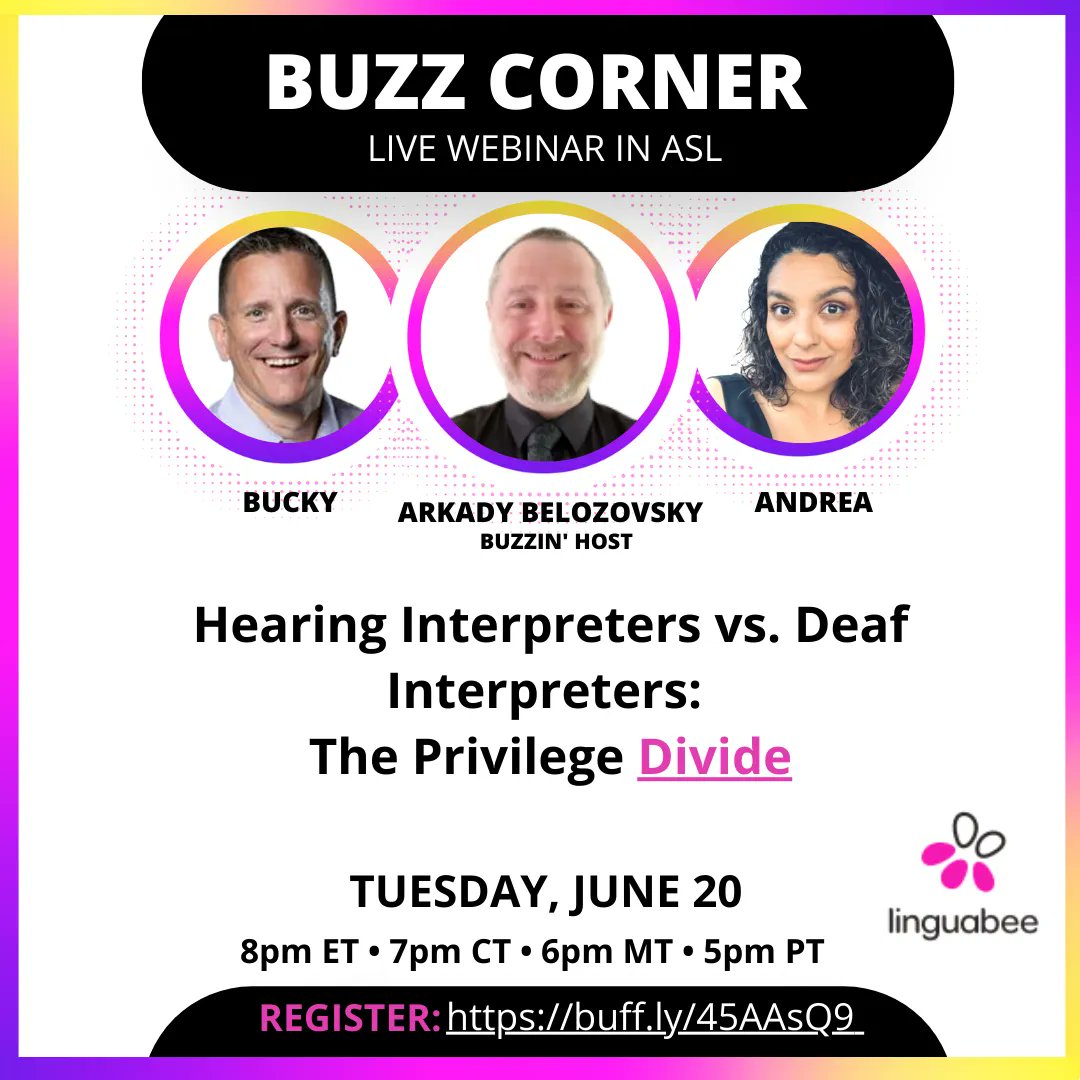 linguabee's tweet photo. Buzz in to learn more about Arkady Belozovsky's experiences as Certified Deaf Interpreter who has seen it all. He will be sharing his insights on privilege within the interpreting field.  

REGISTER: https://t.co/Gp948j98wJ 
Tuesday, June 20 
8pm ET / 5pm PT https://t.co/KlrGq2uxc8