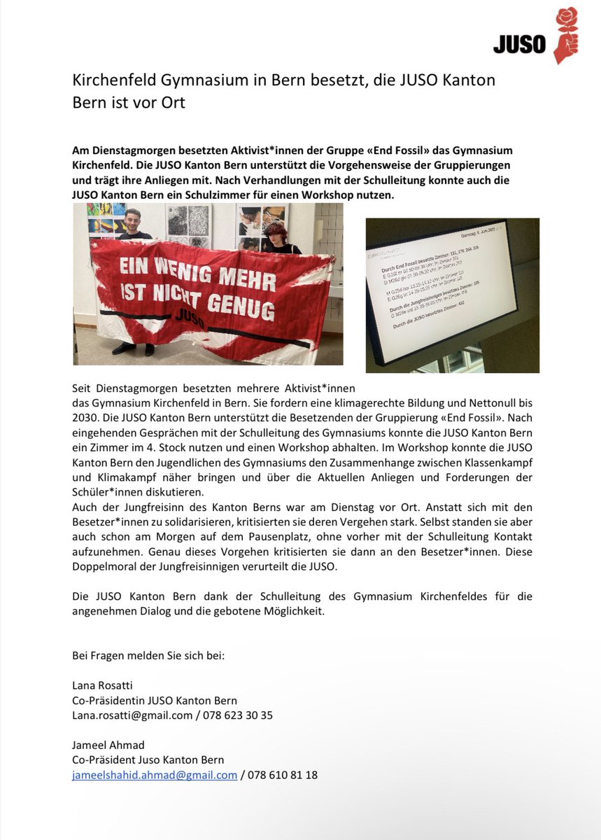 JUSO Kanton Bern (@juso_be) on Twitter photo Unsere Medienmitteilung zur heutigen Besetzung des Gymnasiums Kirchenfeldes
#Nettonull2030
<a href="/derbund/">Der Bund</a> <a href="/20minutesOnline/">20 minutes</a> <a href="/baerntoday/">BärnToday</a> <a href="/nau_live/">Nau.ch</a> <a href="/watson_news/">watson News</a> Unsere Medienmitteilung zur heutigen Besetzung des Gymnasiums Kirchenfeldes
#Nettonull2030
<a href="/derbund/">Der Bund</a> <a href="/20minutesOnline/">20 minutes</a> <a href="/baerntoday/">BärnToday</a> <a href="/nau_live/">Nau.ch</a> <a href="/watson_news/">watson News</a>