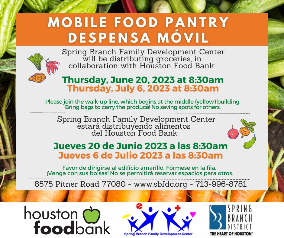 THURS., JUNE 15 - 8:30AM @HoustonFoodBank Pantry at @SBFDCenter

#SBFDCenter will have 2 food pantries each month - 1st & 3rd Thursdays at 8:30am.  

If you or someone you know could use help with groceries, please spread the word.  

Thanks for your support, @SpringBranchMD