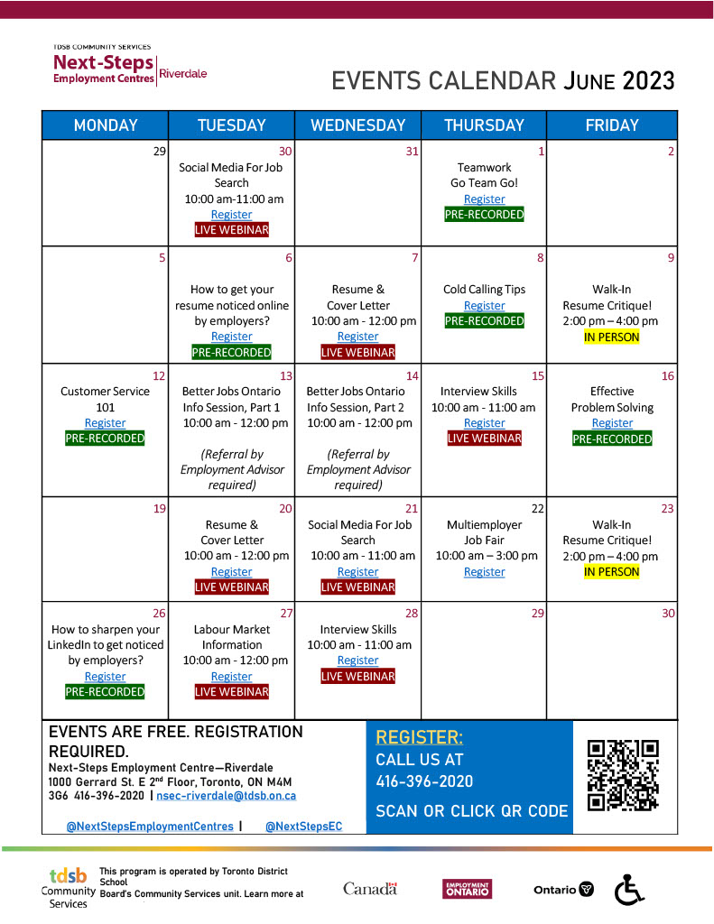 GerrardSquare's tweet image. Next Steps Employment:
Attached is the June Calendar with following Job Fair event:

Multiemployer Job Fair  – Thursday June 22, 2023
Events start at 10 am.

For more information, please call 416-396-2020 or email: nsec-riverdale@tdsb.on.ca

#nextstepsemployment #shopthesquare