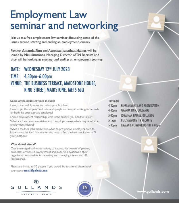 Join our employment team for a free seminar discussing some of the issues around starting &amp; ending an employment journey. Amanda Finn &amp; Jonathan Haines are teaming up with Neil Simmons TN Recruits.
gullands.com/news-events/ne…
#employmentlaw #recruitment #HR #seminar #maidstone #kent
