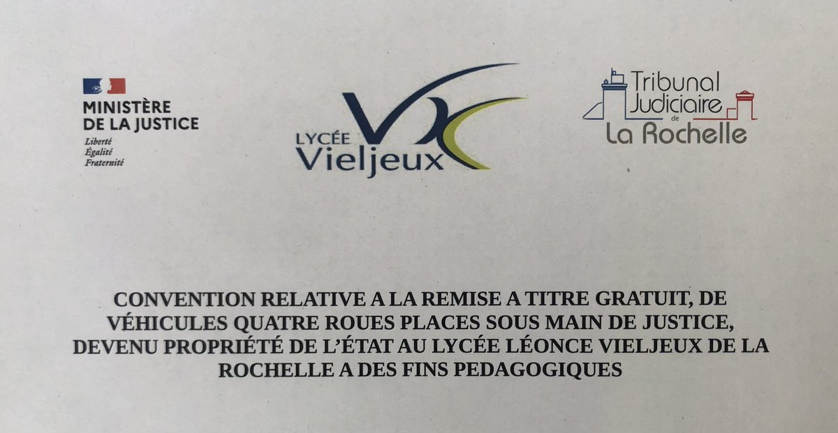 Signature ce 6 juin d’une convention avec le lycée Vieljeux de La Rochelle : des véhicules confisqués par la justice pourront être remis gratuitement à l’établissement dans le cadre des formations professionnelles en mécanique.