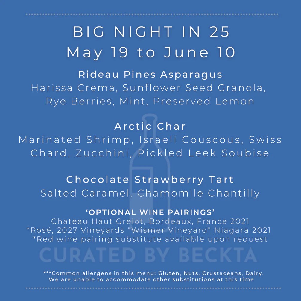 2 menus to get your wknd started right!

Feat Menu 152
🌻 2crs meal starts @ $42
🌻 3crs meal starts @ $50
🌻 Din for 2 Food &amp; Wine Pkg is $160+HST

BNI 25
🌻 3crs meal starts at $75
🌻 BNI for 2 Food &amp; Wine Pkg is $200+HST