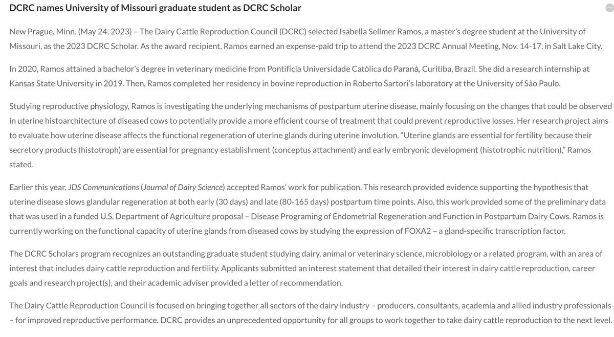 Isabella Sellmer Ramos (@isellmerramos) on Twitter photo I am very happy to share that I have received the Dairy Cattle Reproduction Council 2023 Scholar award! I am looking forward to attend the annual meeting in November!
I am very thankful for the opportunity, <a href="/DCRCouncil/">Dairy Repro Council</a>! I am very happy to share that I have received the Dairy Cattle Reproduction Council 2023 Scholar award! I am looking forward to attend the annual meeting in November!
I am very thankful for the opportunity, <a href="/DCRCouncil/">Dairy Repro Council</a>!