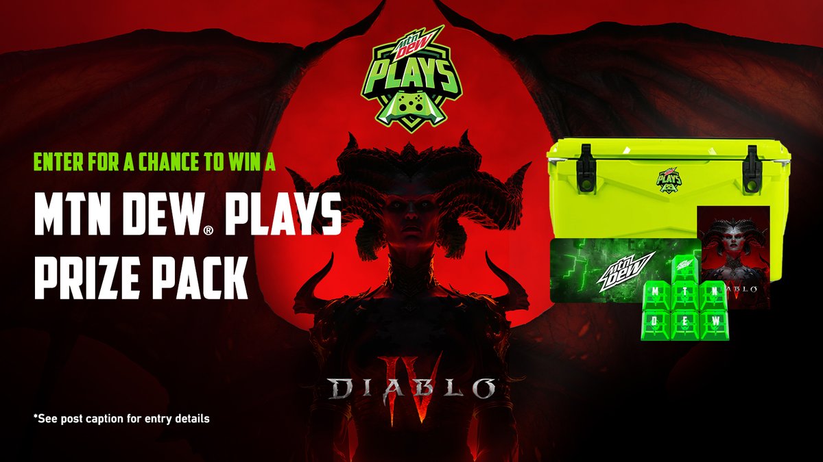 MTN DEW PLAYS is coming! Get ready for #DiabloIV 👀

Want this Mtn Dew Plays merch kit w/ a PC-only digital <a href="/Diablo/">Diablo</a> IV code?

FOLLOW us &amp; QRT w/ #MTNDEWPlays &amp; #Sweepstakes to enter for a chance to win 🏆
​
U.S. res, 18+ (19+ for AL/NE). Ends 6/9/23
Rules: bit.ly/3ITOJOd
