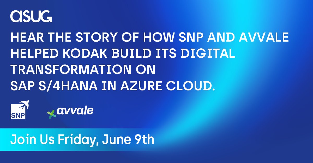 SNP is hitting the road this month! Register now for #ASUGColorado to hear the story of how SNP and Avvale helped Kodak build its digital transformation on SAP S/4HANA in Azure cloud. LINK: asug.com/events/asug-wi…