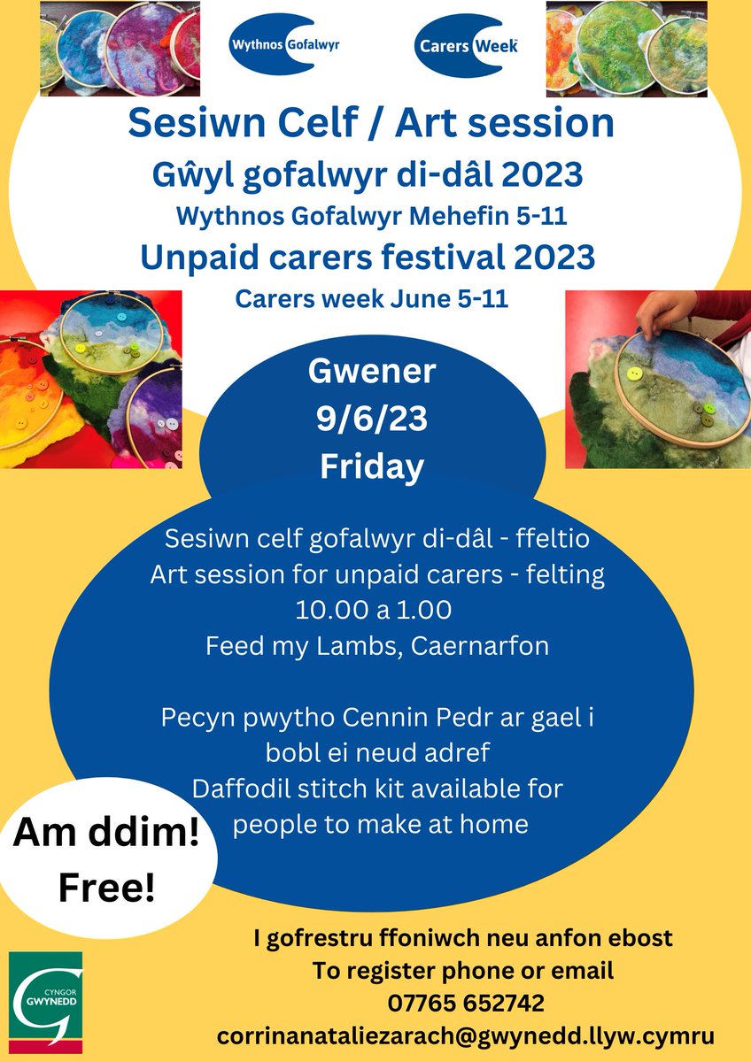 CyngorGwynedd's tweet photo. Ydych chi'n ofalwr di-dal? 
Mae sesiwn celf yn cael ei gynnal am ddim ar ddydd Gwener 9/06/23

Am fwy o wybodaeth neu i gofrestru cysylltwch: corinanataliezarach@gwynedd.llyw.cymru/ 07765652742 https://t.co/nUplQSla9J