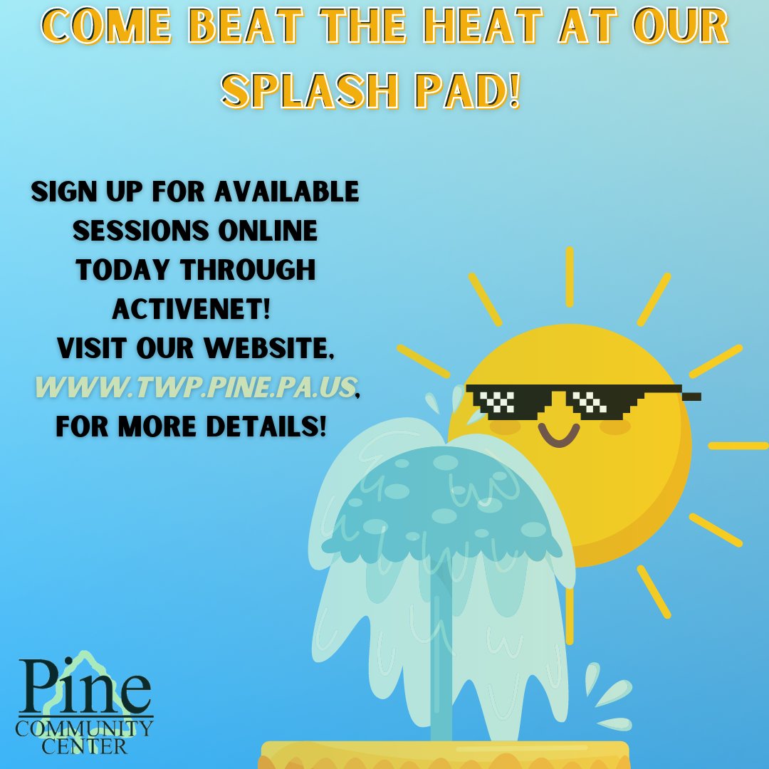 pinecommcenter's tweet image. There's no better way to have fun in sun than at our Splash Pad! Sessions are available online ready to be reserved by YOU! 
#SplahPad #Pine #Township #Summer #FunInTheSun #PCC @TwpofPine