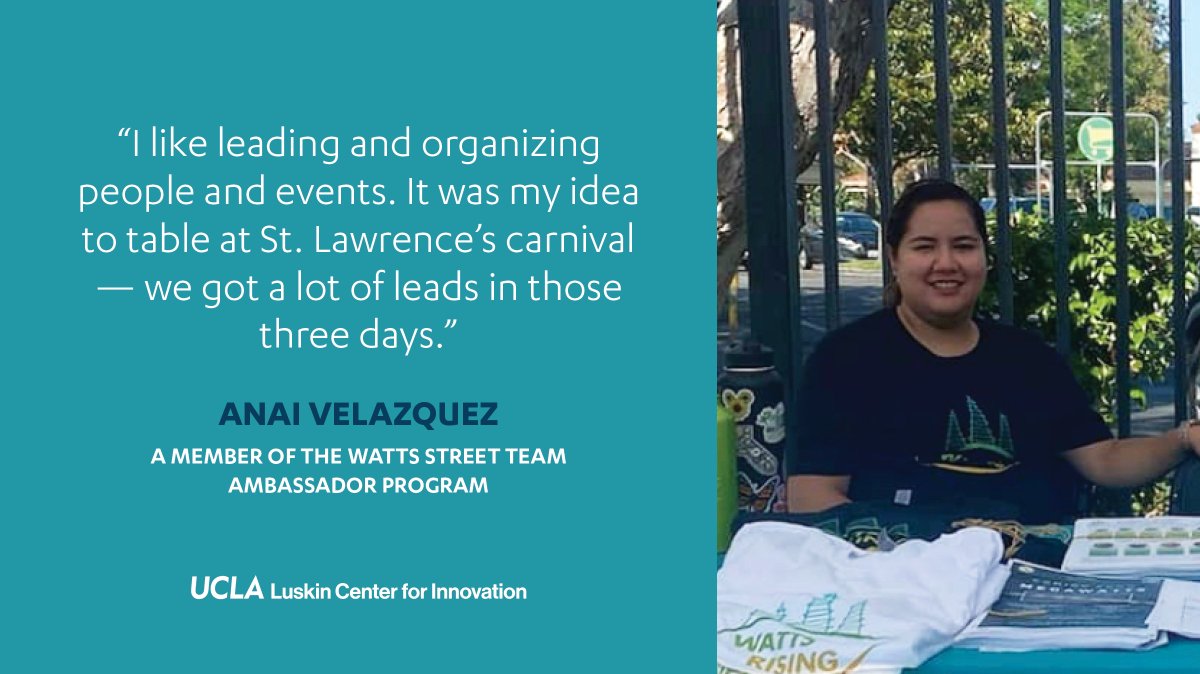 UCLA Luskin Center for Innovation (@luskincenter) on Twitter photo <a href="/WattsRising/">WattsRising</a> <a href="/UCLALuskin/">UCLA Luskin School of Public Affairs</a> The <a href="/WattsRising/">WattsRising</a> Street Team employs local trusted messengers, like Anai, to connect fellow residents with opportunities to access local, organic produce from <a href="/MudtownFarms/">MudTown Farms</a>. With <a href="/CalSGC/">SGC | CA Strategic Growth Council</a> & <a href="/CAClimateInvest/">California Climate Investments</a> <a href="/WattsRising/">WattsRising</a> <a href="/UCLALuskin/">UCLA Luskin School of Public Affairs</a> The <a href="/WattsRising/">WattsRising</a> Street Team employs local trusted messengers, like Anai, to connect fellow residents with opportunities to access local, organic produce from <a href="/MudtownFarms/">MudTown Farms</a>. With <a href="/CalSGC/">SGC | CA Strategic Growth Council</a> & <a href="/CAClimateInvest/">California Climate Investments</a>