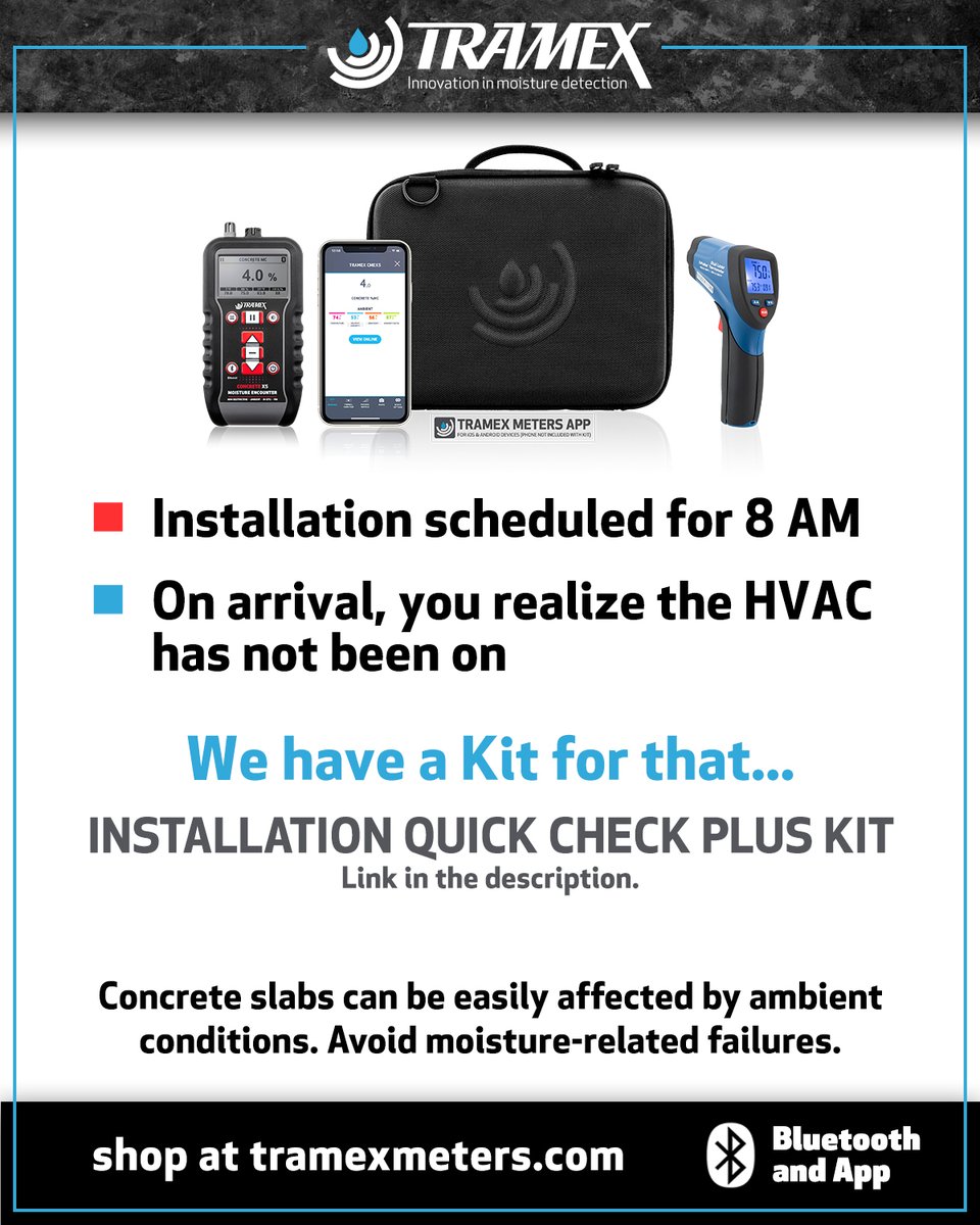 tramexmeters's tweet photo. • Installation scheduled for 8 AM
• On arrival, you realize the HVAC has not been on

We have a Kit for that...
Installation Quick Check Plus Kit
https://t.co/rHuxGCZt2p
.
.
#concrete #concretemoisture #flooring #coatings #moisturetest #timeofinstall #dewpoint https://t.co/4gVPC33iI8