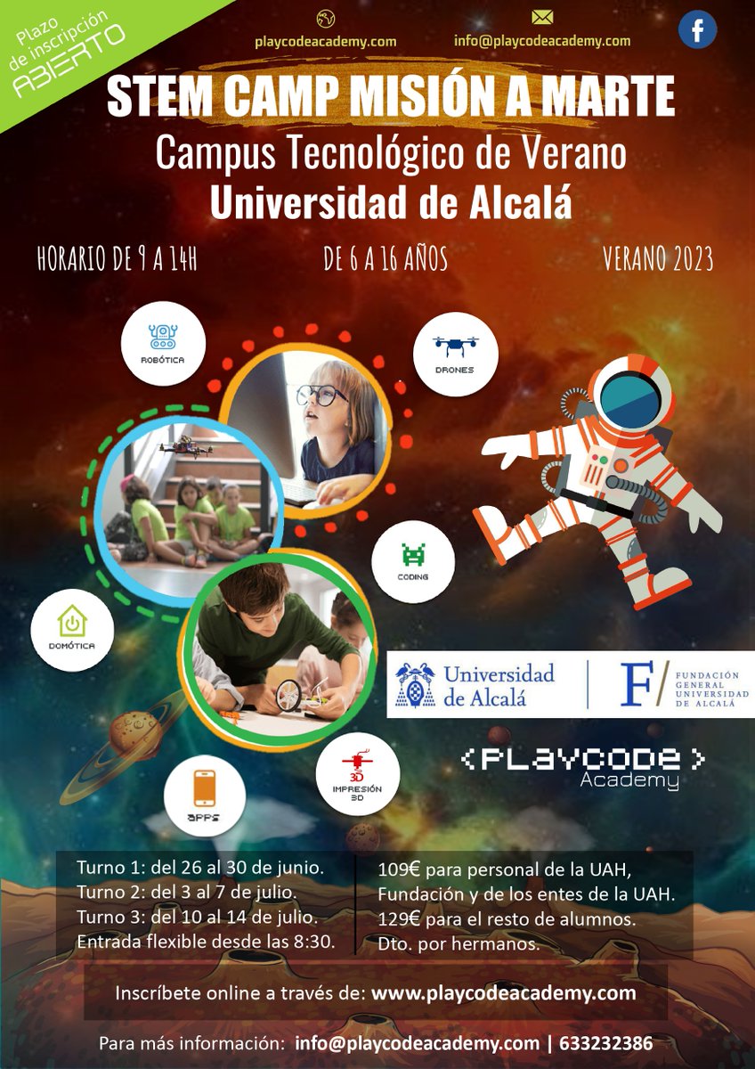 UAHes's tweet photo. La @eps_uah organiza un campamento de verano con talleres STEM (Ciencia, Tecnología, Ingeniería, Matemáticas) para escolares de 6 a 16 años en el que viajarán a Marte en una misión espacial. ¿Se enfrentarán a este desafío y resolverán todos los retos? https://t.co/ykAORAQMGb #UAH https://t.co/GYUVCqueGu
