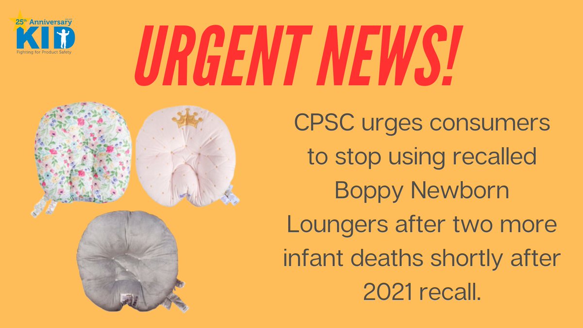 Kids In Danger (@kidsindanger) on Twitter photo The <a href="/USCPSC/">US Consumer Product Safety Commission</a> and <a href="/BoppyCompany/">The Boppy Company</a> urge consumers to stop using recalled Boppy Newborn Loungers and urge online marketplaces to stop selling these recalled products after two additional infant deaths shortly after their 2021 recall. More: bit.ly/43HfQ6U The <a href="/USCPSC/">US Consumer Product Safety Commission</a> and <a href="/BoppyCompany/">The Boppy Company</a> urge consumers to stop using recalled Boppy Newborn Loungers and urge online marketplaces to stop selling these recalled products after two additional infant deaths shortly after their 2021 recall. More: bit.ly/43HfQ6U