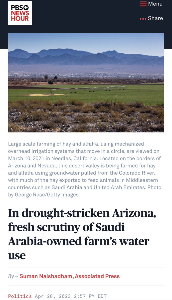 RyanShead's tweet photo. FUN FACT: Saudi Arabia owns farmland in Arizona where they use up the states water supply growing alfalfa to feed their livestock.

…brokered by a Republican and allowed to continue for over a decade under GOP leadership.

The PGA is not the first American entity to sellout to the Saudis.
