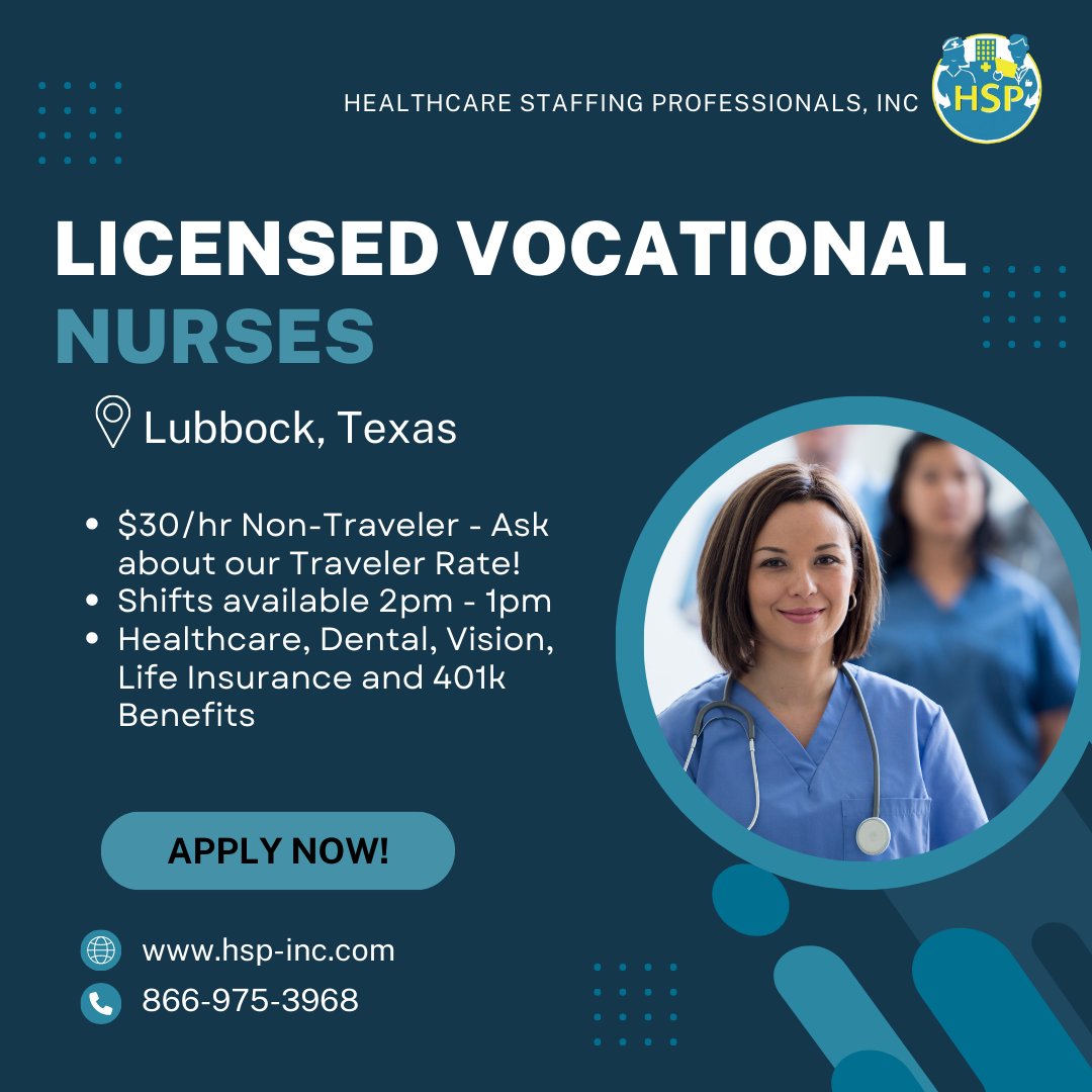 Now Hiring LVN's in #lubbock #Texas.  Give us a call at 866-975-3968  to learn more about this opportunity!

#LVN #LicensedVocationalNurse #NurseLife #Nursing #Healthcare #LVNLife #PatientCare #NursingCare #NursingCareer #LVNJobs #HealthcareProfessional #NurseInspiration