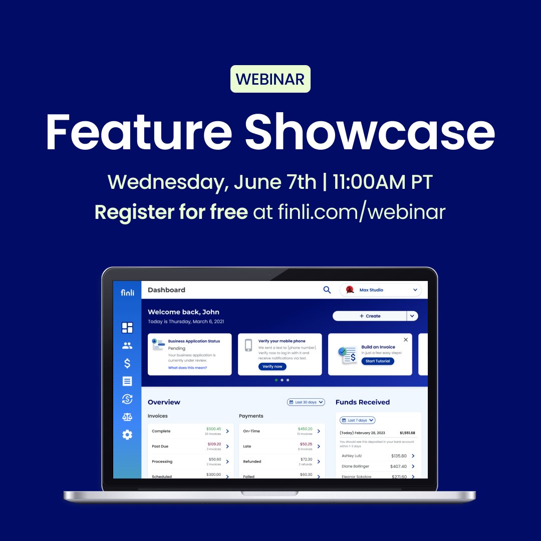 Join us on Wednesday, June 7th at 11AM PST for an exciting virtual webinar! Discover the power of our latest features: Inventory Management and Batch Invoicing + much more!

Register now at 🔗 finli.com/webinar