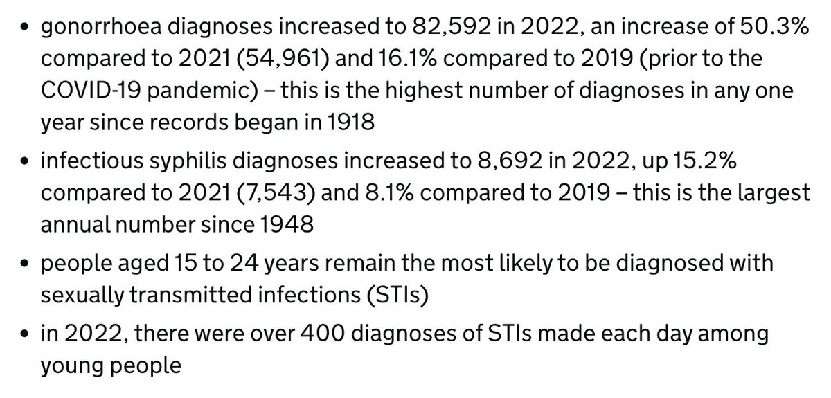 Bad numbers out of <a href="/UKHSA/">UK Health Security Agency</a> today on #syphilis and #gonorrhea infections. I wonder if the huge jump of 2022 numbers over 2021 might suggest pandemic related under-reporting in 2021, but the 2022 numbers are up substantially from 2019 too so....
gov.uk/government/new…