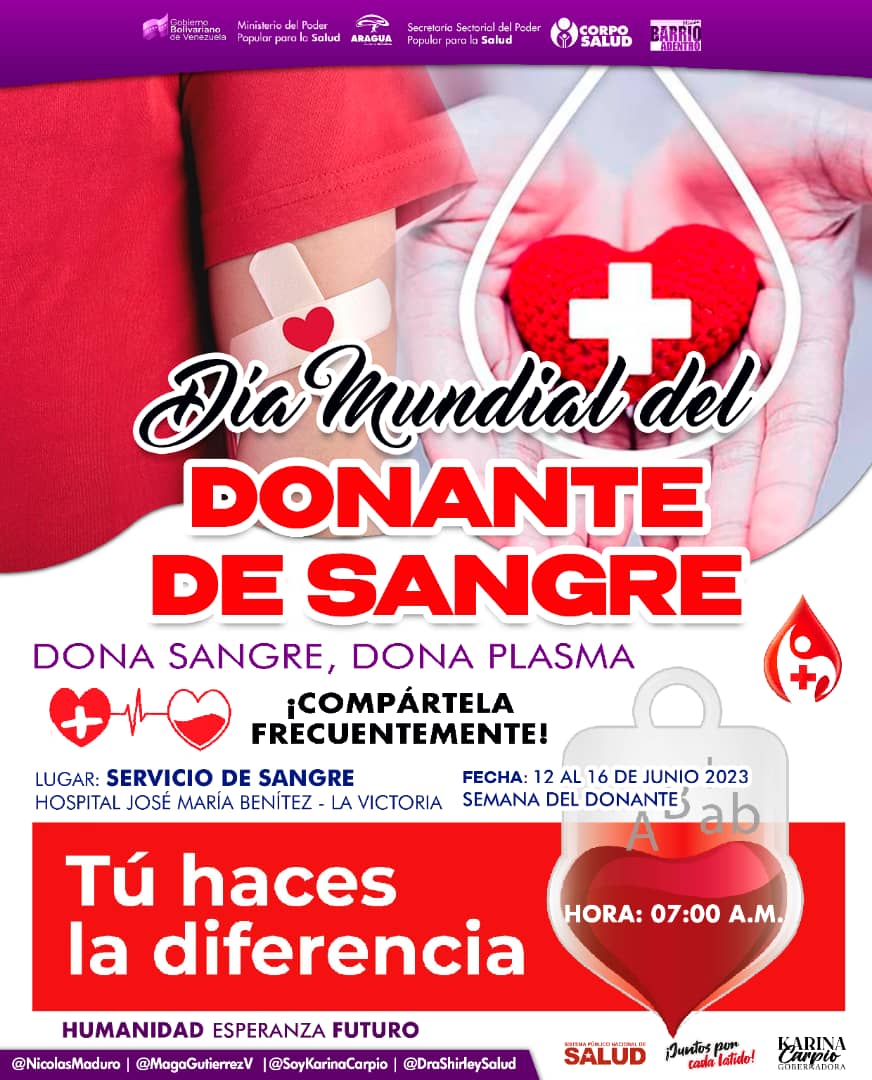 Quieres salvar una vida?
Dona Sangre!🩸💉🅱️🆎
En la semana del Donante podrás realizar tu Donación dónde?

HCM
Hospital 'José María Benítez' la victoria
Hospital 'José Rangel' Villa de Cura  7:00 am 
Salvar vidas es increíble! Dona🩸

#NuevaGeometriaMultipolar