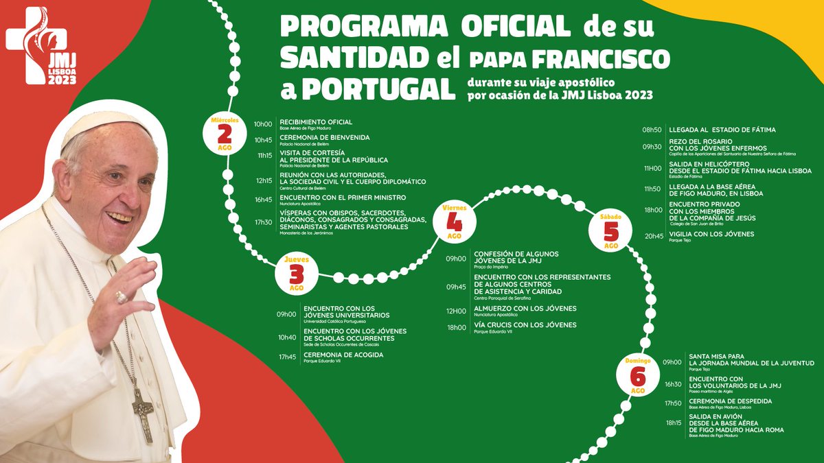 jmj_es's tweet photo. ¡Es oficial!

🗓️✅ ¡Ya puedes saber dónde estará el Papa Francisco durante su visita apostólica a Portugal, del 2 al 6 de agosto, con motivo de la Jornada Mundial de la Juventud!

Y tú, ¿dónde recibirás al Papa Francisco?👋

#PapaFrancisco #JMJ #lisboa2023 https://t.co/Q2DP59hoUO