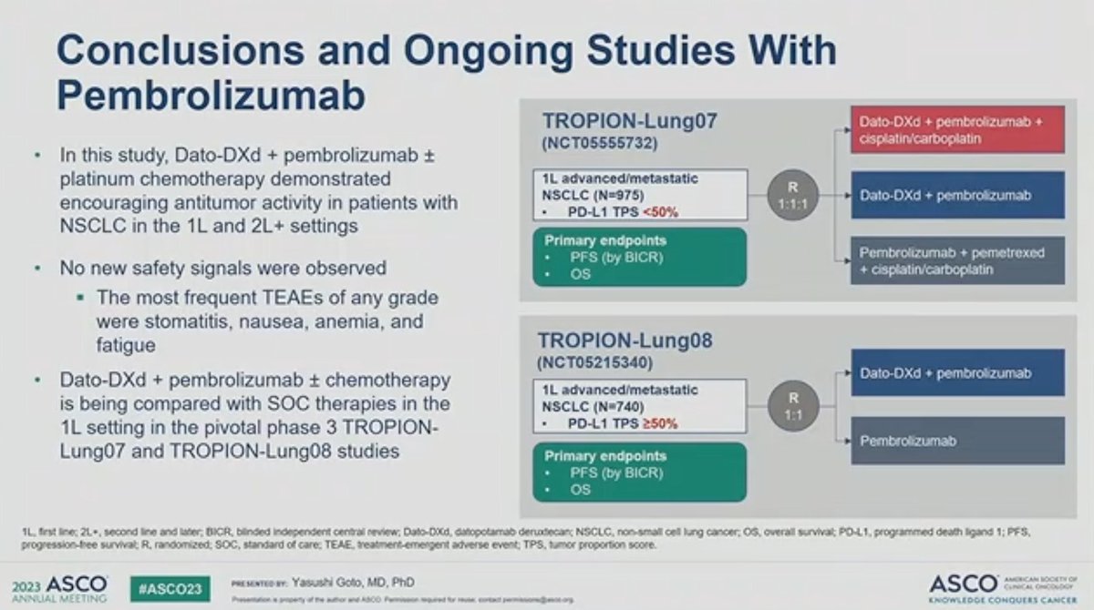 #ASCO2023 Oral Session: TROPION-Lung02: Dato-DXd + pembr) with or without platinum CT Dato-DXd + pembro Pt-CT demonstrated tolerable safety with notable 1L activity (RR 50% for doublet and 57% for triplet. @Hospital_FJD @UAM_Madrid @OncoAlert #LCSM @AEACaP