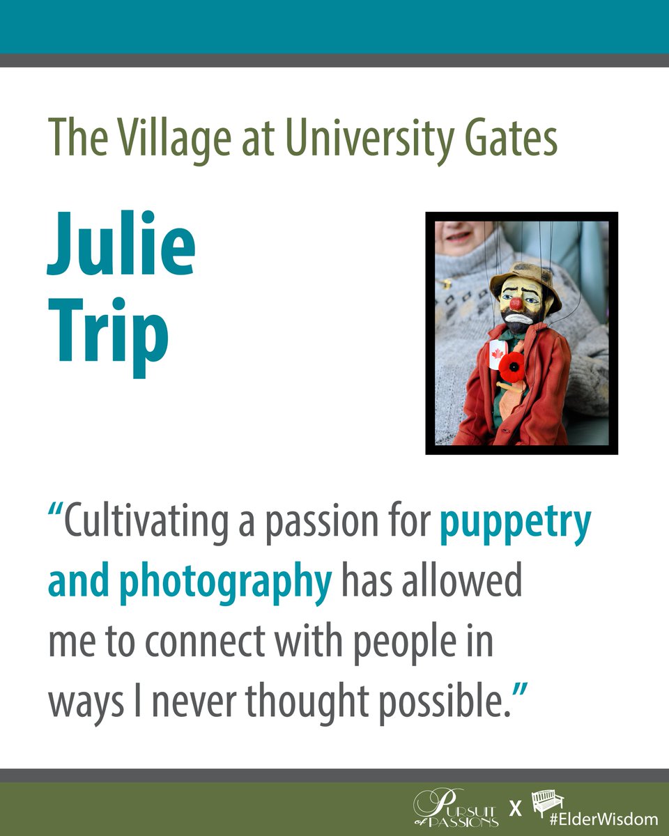 'Cultivating a passion for puppetry and photography has allowed me to connect with people in ways I never thought possible. It has brought joy and inspiration to my life, and I hope to inspire others to pursue passions, no matter their age.' - Julie Trip

#ElderWisdom