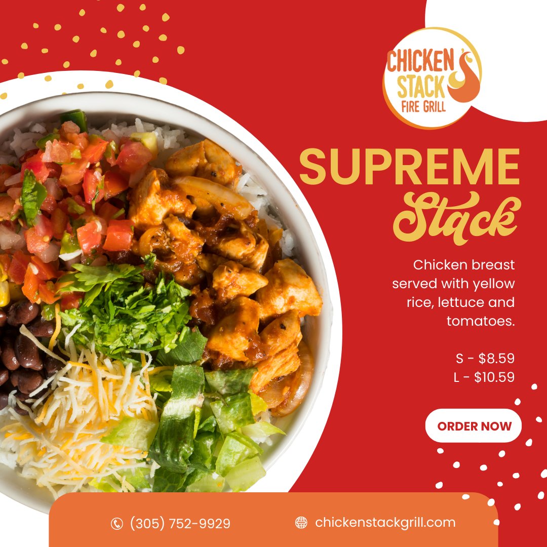 Introducing our mouth-watering Supreme Stack! Dig into our juicy chicken breast served with flavorful yellow rice, crisp lettuce, and fresh tomatoes. One bite and you'll be hooked! 😍🍗🍚🥬🍅 #supremestack #chickenlover #healthyoption #delivery #healthyeating #healthyfood #miami