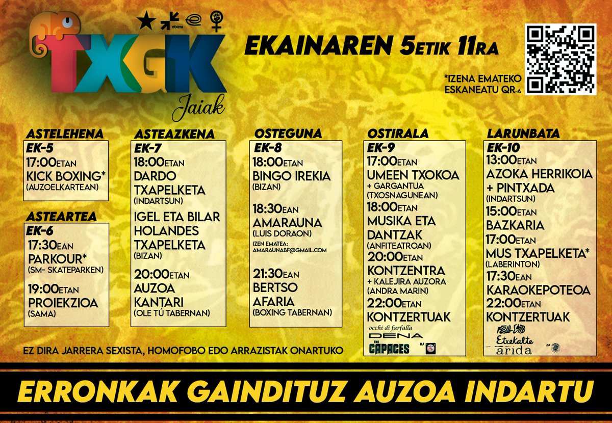 🎶 TXAGOKO JAIAK KANTARI 🎶

Auzoko jaietan MAGARI bikotea izango dugu gurean.

Asteazkenetik aurrera auzoko jaietan gozatzeko aukera ere izango dugu. 

Guk, jaietan ere, gure borroka argi dugu, euskaratik eta euskaraz arituko gara. Batu zaitez gurera!

GORA <a href="/txagokojaiak/">Txagoko Jaiak!</a>!