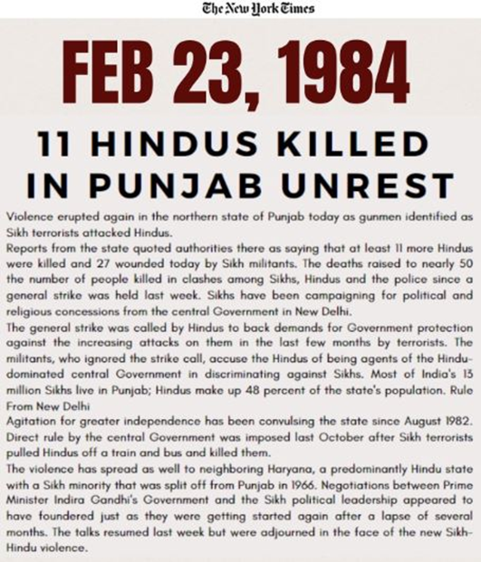 The New York      Times on 23rd February 1984, 3 months before #OperationBluestar      reported that at least      11 Hindus were killed and 27 wounded today by #Khalistani militants. #1984KhalistanTerrorism      #KhalistanTerrorism #Khalistan