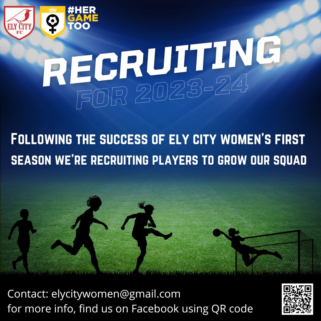 Ely City Women are recruiting for next season. Founded in 2022, our first season was a real success with a team of mixed ability &amp; experience who gained &amp; learned so much together.

We'll start the new season with 2 teams, and welcome any women 16+ to join us ⚽❤️ 

<a href="/ElyCityFC/">Ely City FC</a>
