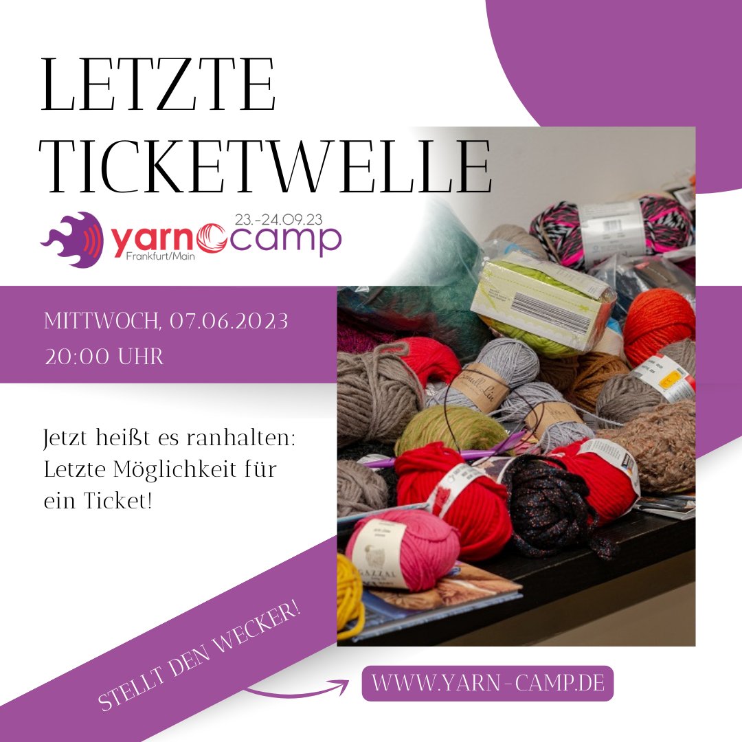 Die letzte Möglichkeit an ein Ticket für das kommende Yarncamp zu kommen ist morgen Abend um 20 Uhr. Alle Infos und die Tickets bekommt ihr hier: yarn-camp.de/tickets-yarnca…
Wir drücken wie immer die Daumen!