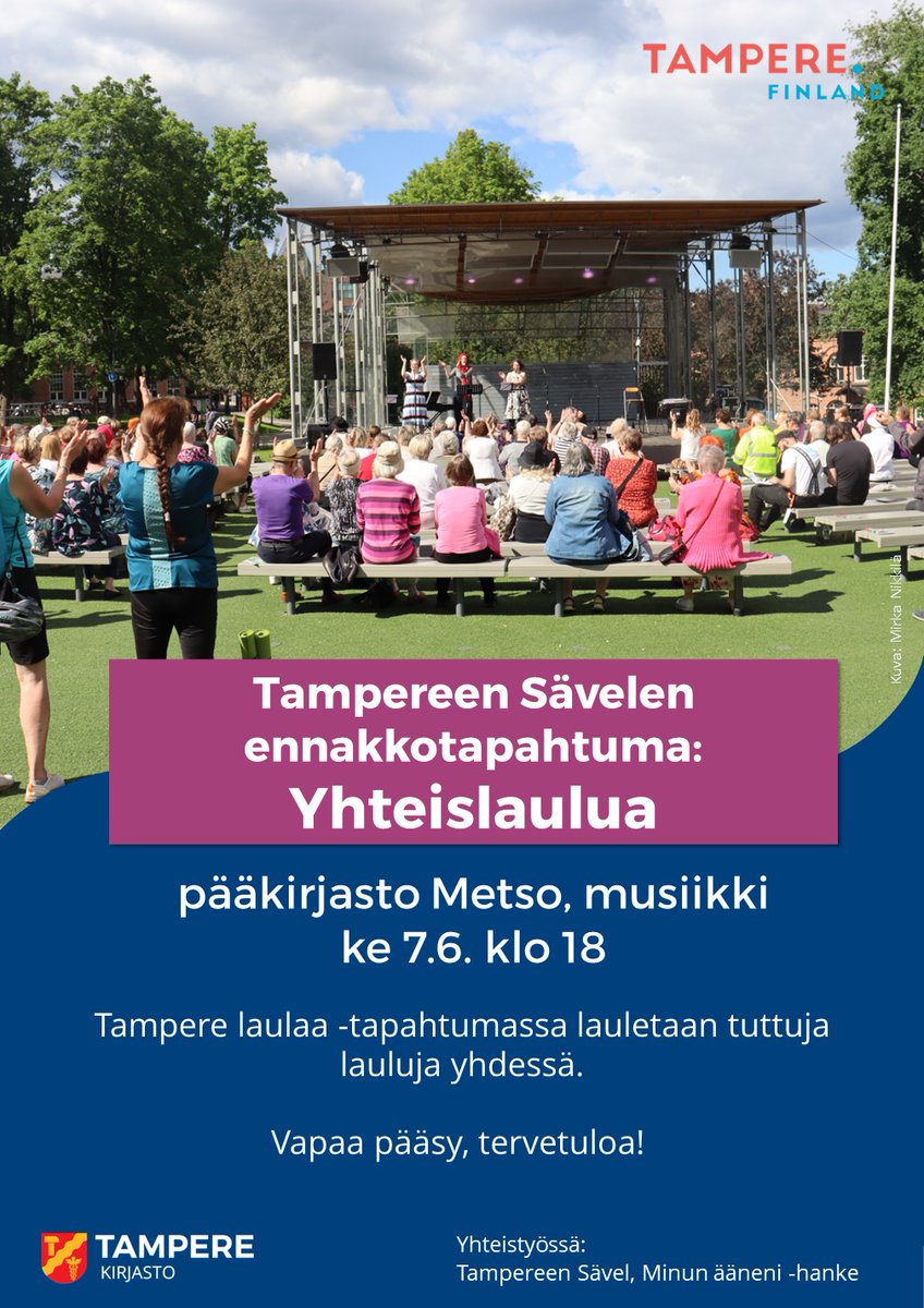 Tervetuloa aloittamaan kesäkausi perinteisen yhteislaulun merkeissä! Tampereen Sävelen ennakkotapahtumassa lauletaan Metson musiikkiosastolla huomenna keskiviikkona 7.6. klo 18. @TampereVocal <a href="/Tamperekaupunki/">Tampereen kaupunki</a> #tampere #yhteislaulu