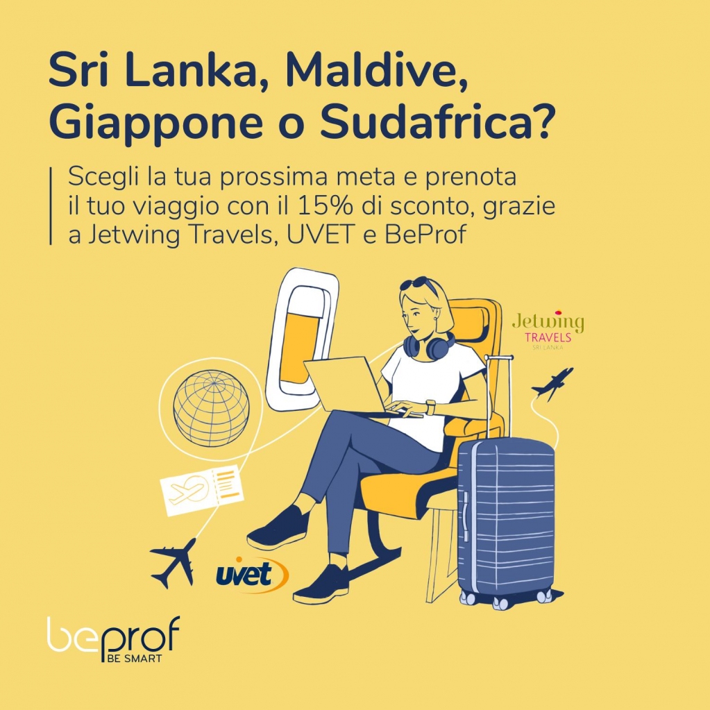 Stai organizzando il tuo prossimo #viaggio in Sri Lanka, Maldive, Giappone o Sudafrica?

Acquista pacchetti viaggio esclusivi con uno sconto del 15%.

Scopri di più: beprof.it/jetwing-travel… 

#JetwingTravels #BeProf #LiberiProfessionisti
