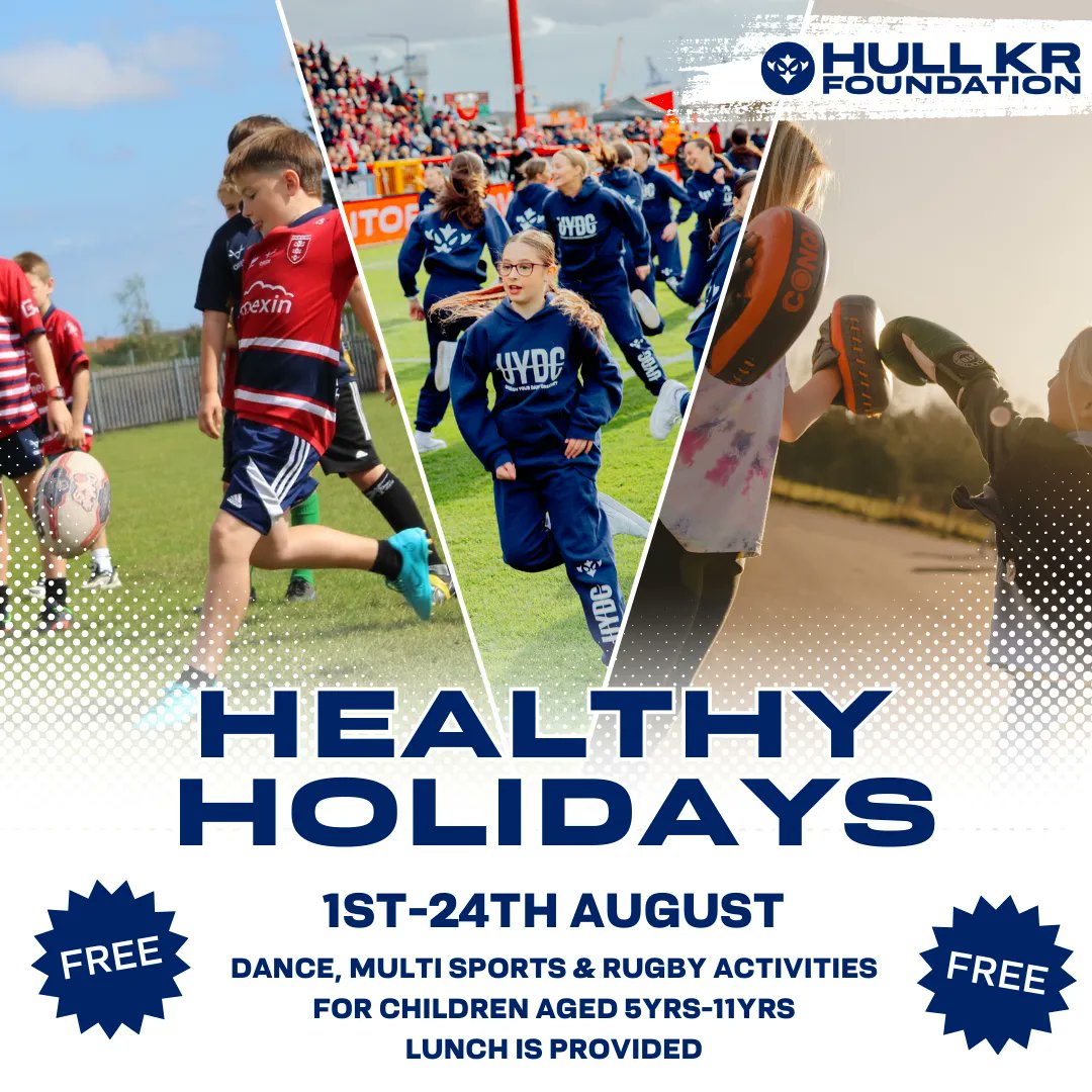 Healthy Holidays, Holiday Activity and Food Programme, Summer Camps 🗓️Tue 1 Aug - 24 Aug 🕙 10am – 2pm For children aged 5yrs-11yrs Dance, Multi Sports & Rugby Activities Lunch Provided FREE For more information please contact: camps@hullkr.co.uk or Gareth.young@hullkr.co.uk