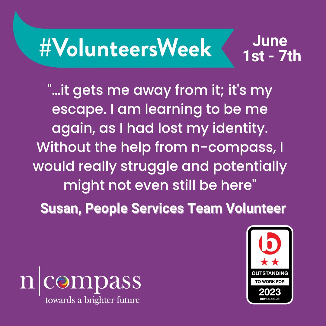 Susan started volunteering with n-compass as a way to get out of the house, take a break from her caring role and stimulate herself mentally. Read more about Susan’s story, and our volunteering opportunities, n-compass.org.uk/news/susan-s-s… #VolunteersWeek #UnpaidCarers #ncompass