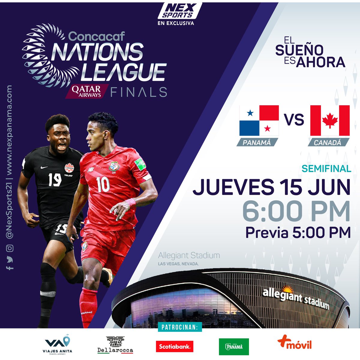 NexPanama's tweet photo. TODOS SOMOS PANAMÁ! 🇵🇦

El sueño es ahora, la sele está de vuelta en la cancha y vamos por esa victoria🔥🙌🏻 a darle con todo ⚽️⚽

#Panamá 🆚 #Canadá
🗓️15 de junio ⏰6:00 PM 

Disfruta de las mejores ligas con los “Líderes del deporte” https://t.co/EM9mpDcfmw