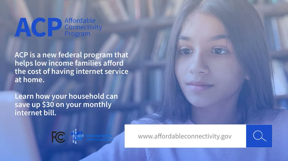 AckermanSSD's tweet photo. The Affordable Connectivity Program is a new Federal Communications Commission Program that provides discounts on internet service and devices for qualified households. Visit https://t.co/3wmn5rpqSW to learn more about the discounts, eligibility, &amp; how to apply. #BroadbandForAll https://t.co/gEWxU7lPM4