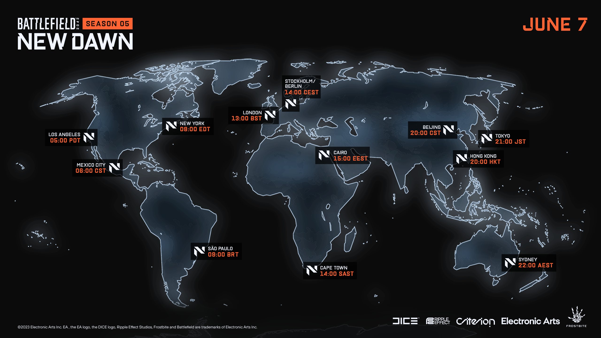 A world map showing when Season 5: New Dawn starts for different time zones. Los Angeles, 05:00 PDT | Mexico City, 06:00 CST | São Paulo, 09:00 BRT | London, 13:00 GMT | Stockholm/Berlin, 14:00 CEST | Cairo, 14:00 EET | Cape Town, 14:00 SAST | Beijing, 20:00 CST | Hong Kong, 20:00 HKT | Tokyo, 21:00 JST | Sydney, 22:00 AEST